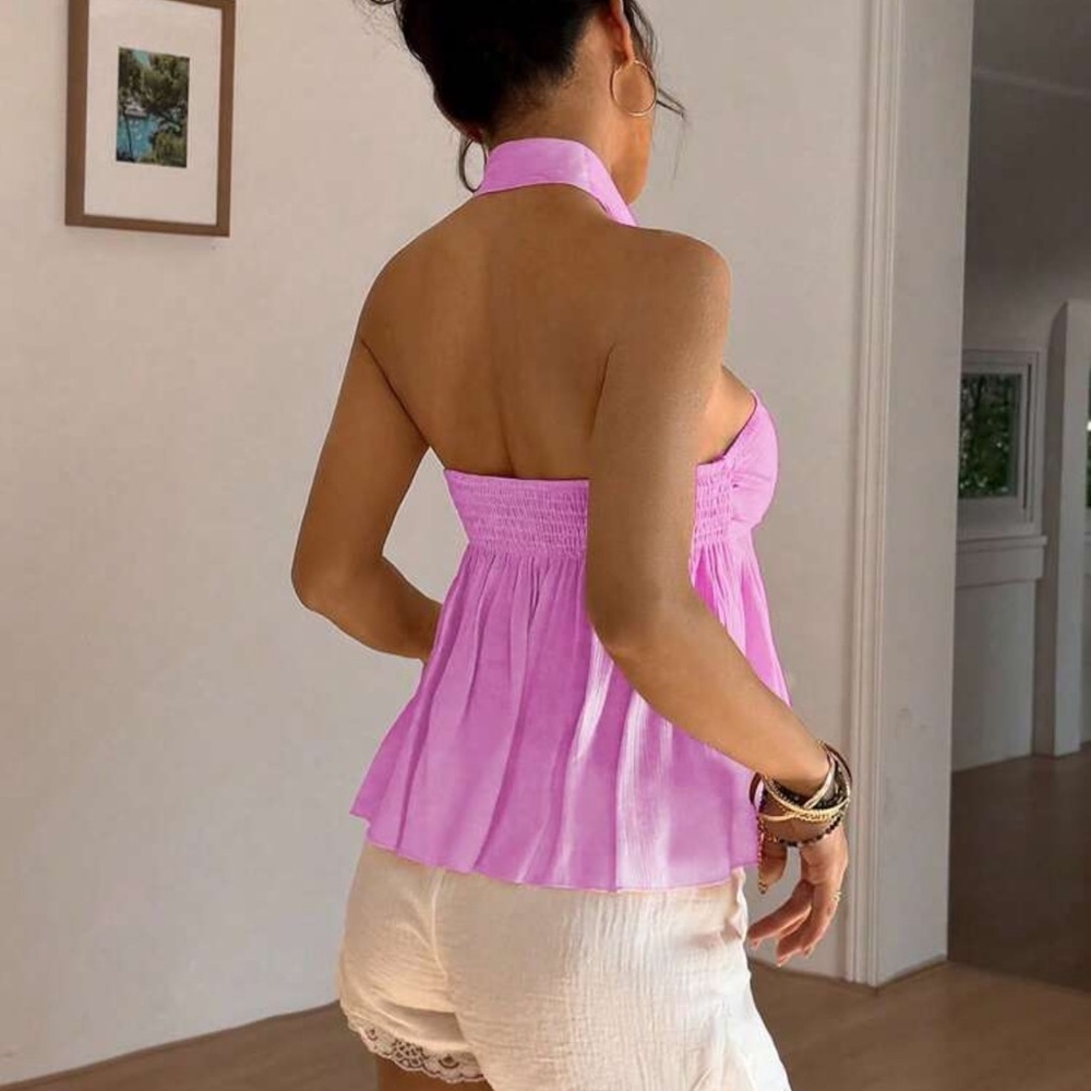 Sunnyshic Ruched Front-Twist Halter Neck Tank Top - Picture 2 of 4